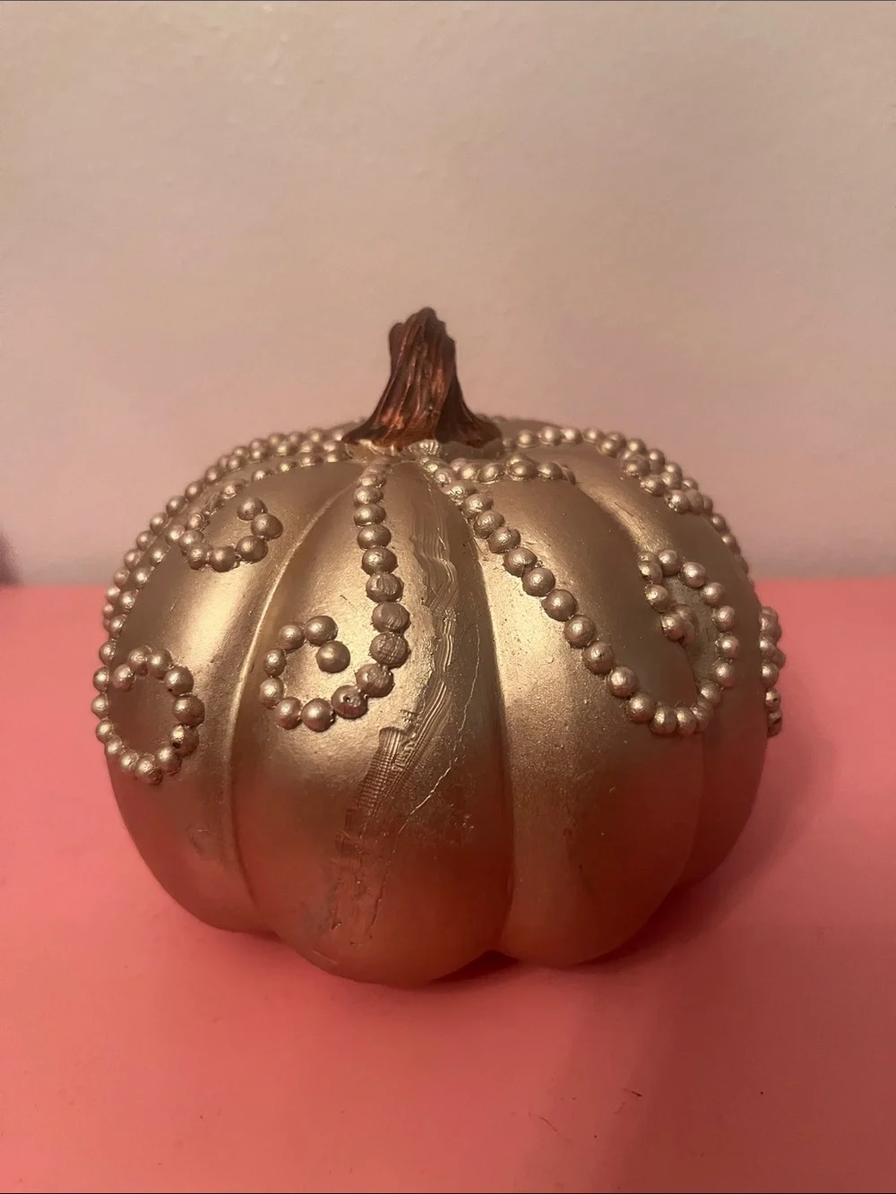 Metallic Rose Gold Beaded Pumpkin Holiday Accent